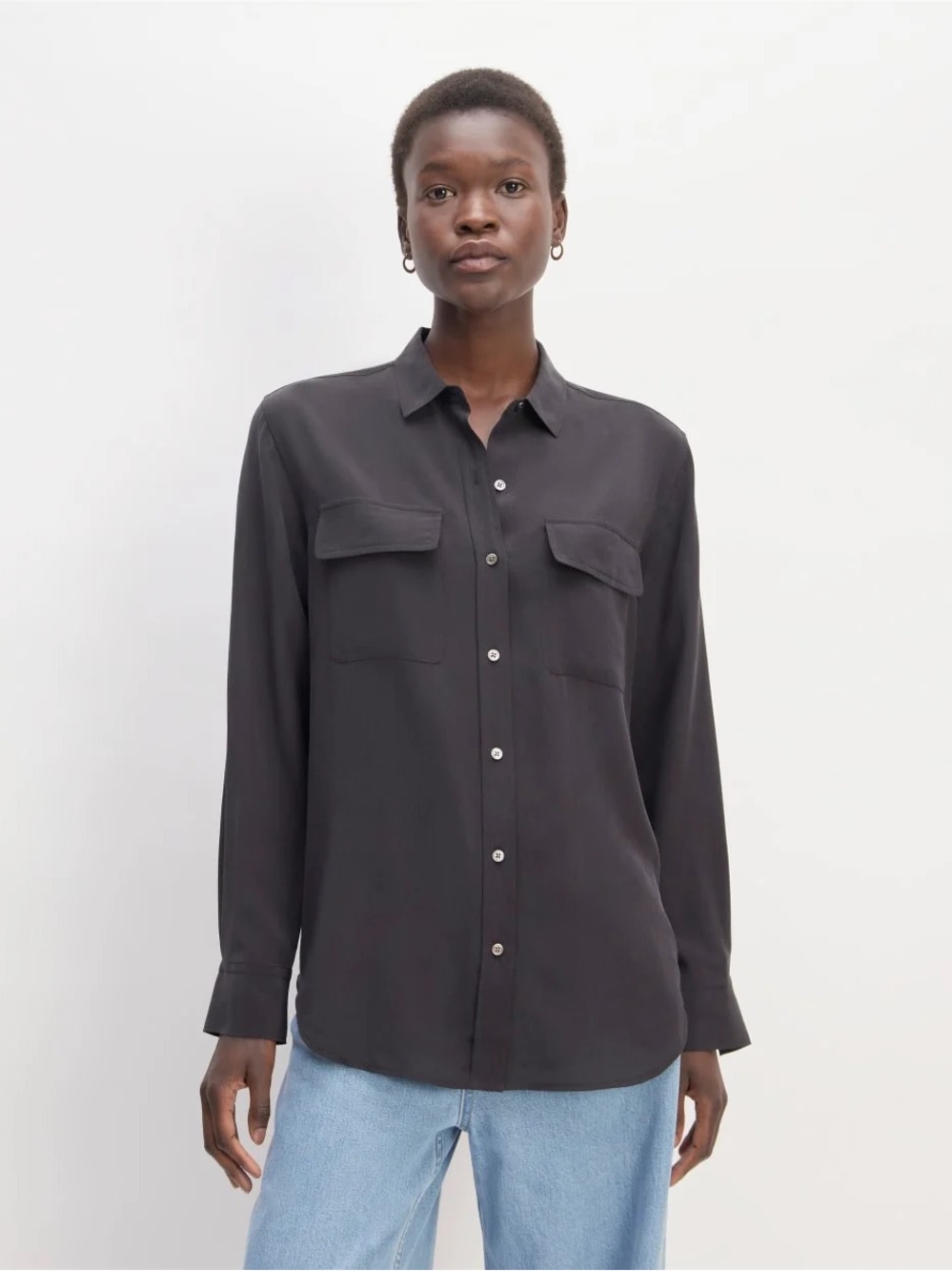 Everlane The Utility Shirt in Washable Silk Blouse Button Down Black 8